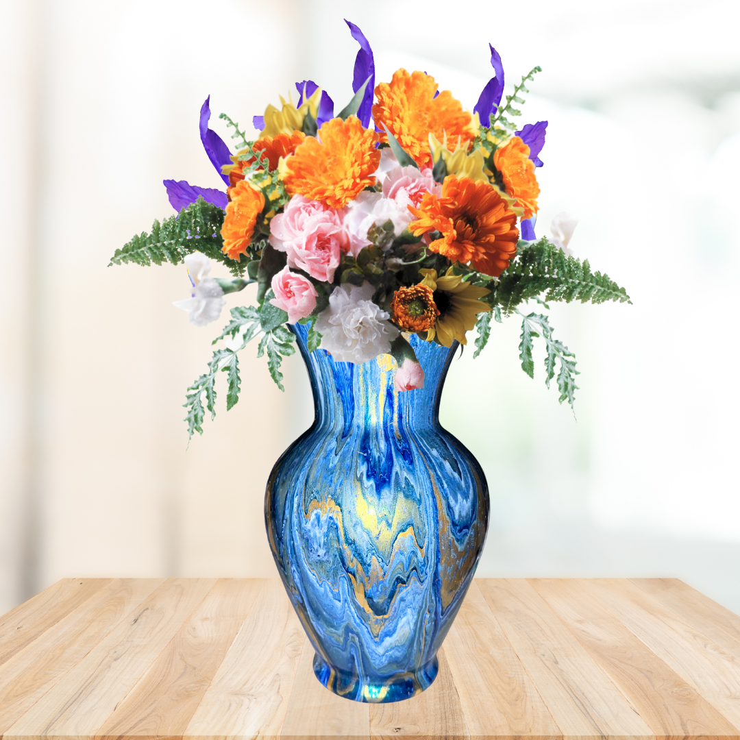 Luminous Blue & Gold Hand-Painted 10.5 Inch Glass Vase