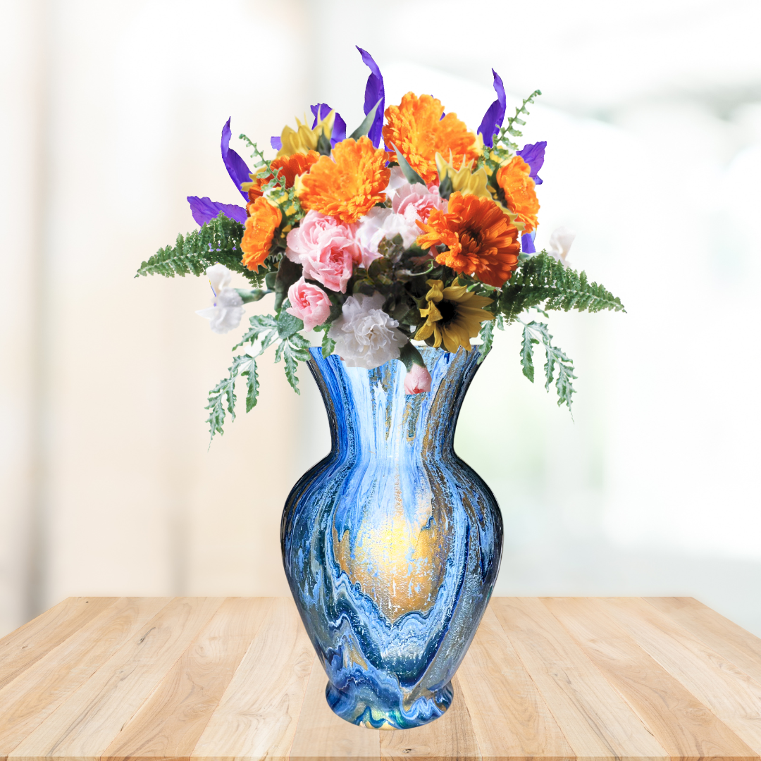 Luminous Blue & Gold Hand-Painted 10.5 Inch Glass Vase