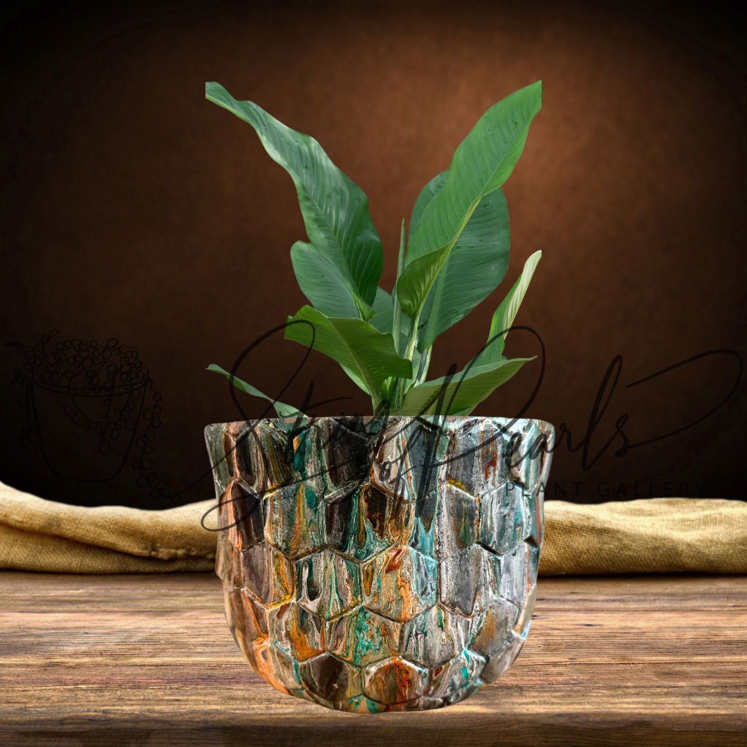 8 inch stone planter - stone planter painted in earthy tones - decorative planter