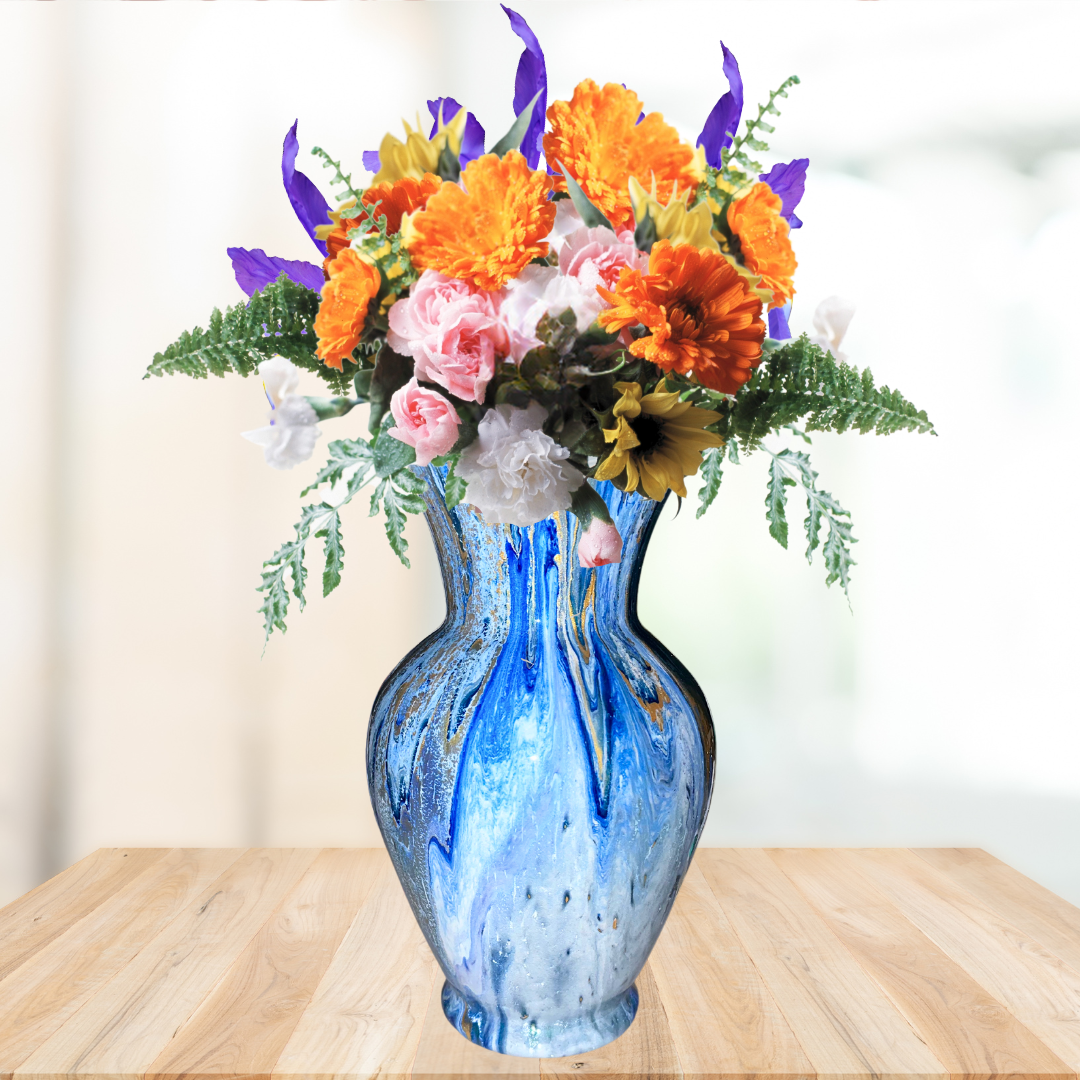 Luminous Blue & Gold Hand-Painted 10.5 Inch Glass Vase