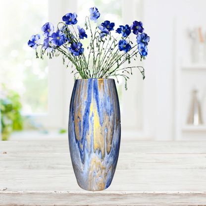 10 inch glass vase - blue gold and white painted vase - decorative vase