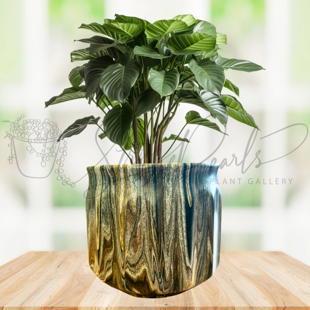 painted 6 inch planter pot created using a fluid art painting technique featuring hues of beige, greens and browns