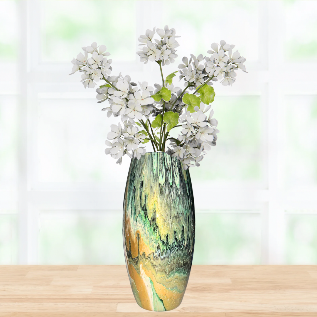 10 inch glass vase - green gold black and white painted vase - decorative vase