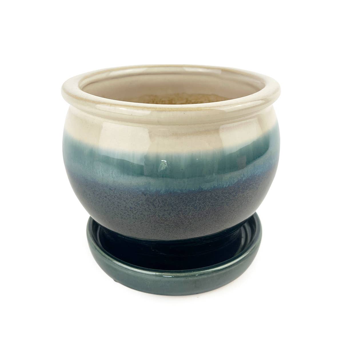 6" Dark Blue Ceramic Pot with Cream Rim & Attached Saucer