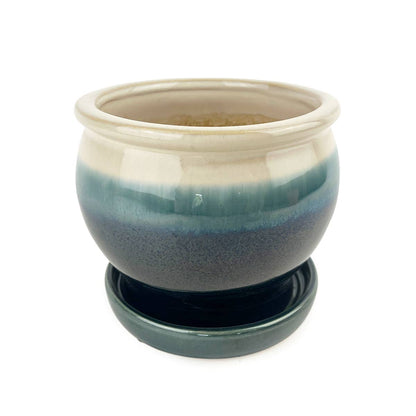 6" Dark Blue Ceramic Pot with Cream Rim & Attached Saucer