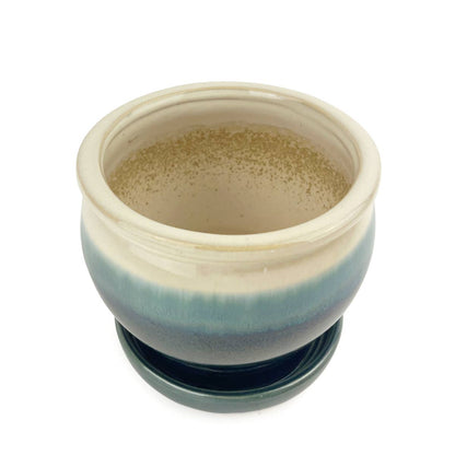 6" Dark Blue Ceramic Pot with Cream Rim & Attached Saucer