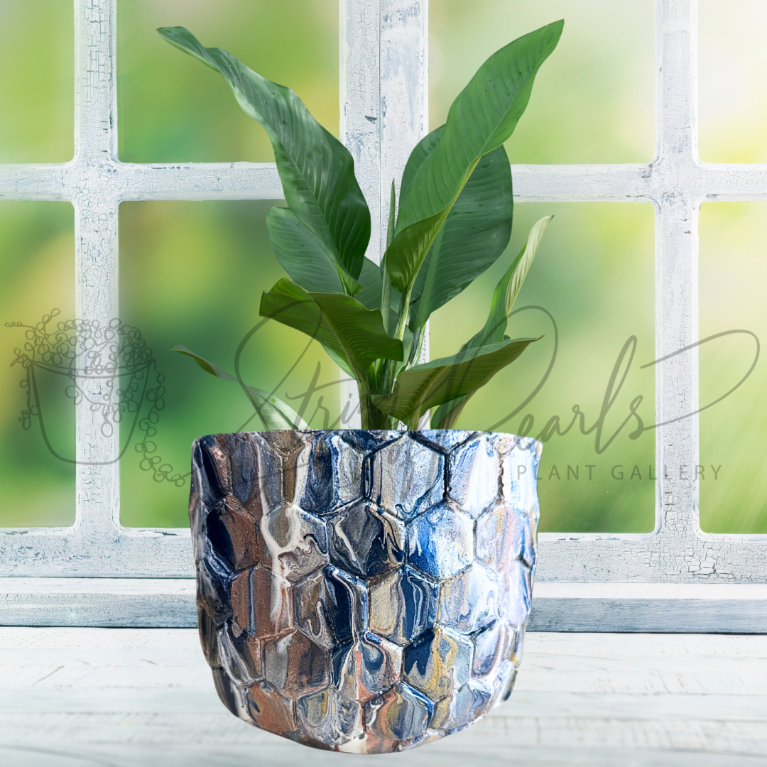 6 inch stone planter - stone planter painted in metallic blue pink and white - decorative planter