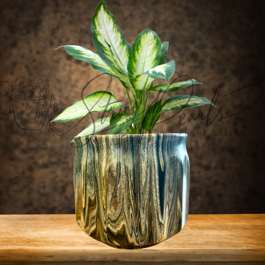 painted 6 inch planter pot created using a fluid art painting technique featuring hues of beige, greens and browns