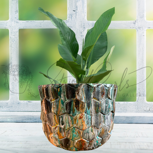 8 inch stone planter - stone planter painted in earthy tones - decorative planter