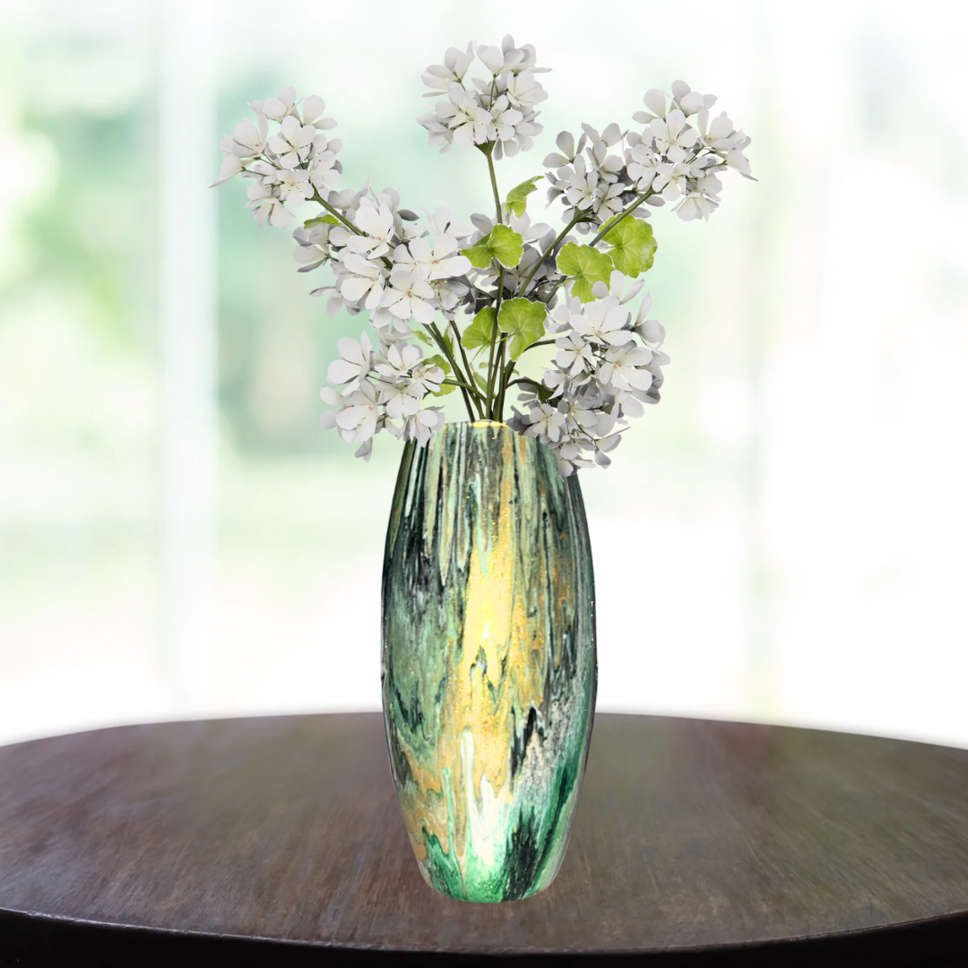 10 inch glass vase - green gold black and white painted vase - decorative vase