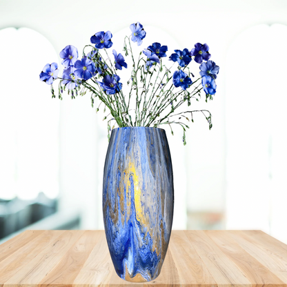 10 inch glass vase - blue gold and white painted vase - decorative vase