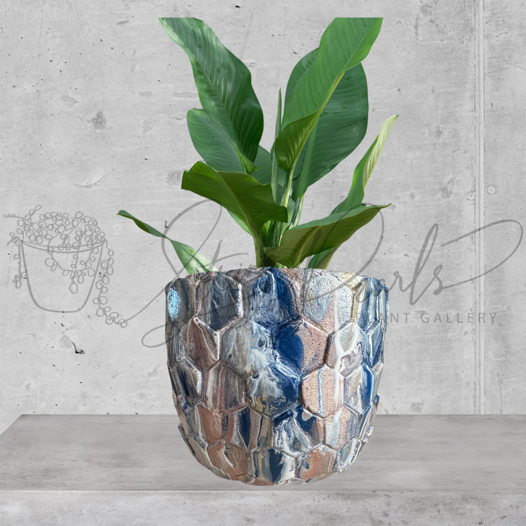 6 inch stone planter - stone planter painted in metallic blue pink and white - decorative planter