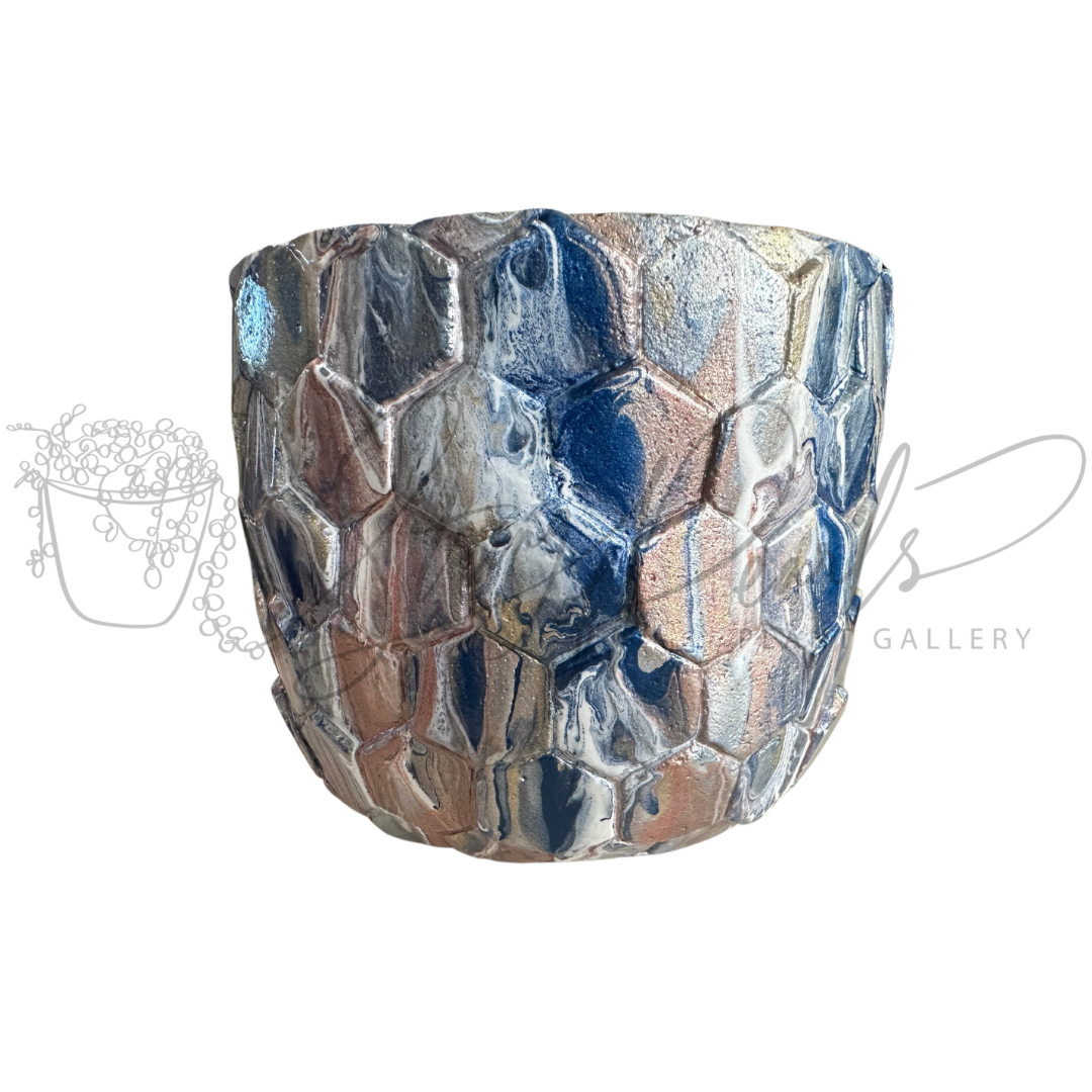 6 inch stone planter - stone planter painted in metallic blue pink and white - decorative planter