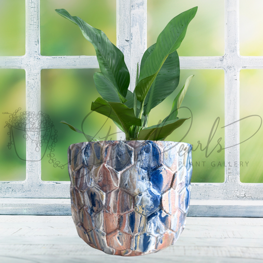 6 inch stone planter - stone planter painted in metallic blue pink and white - decorative planter