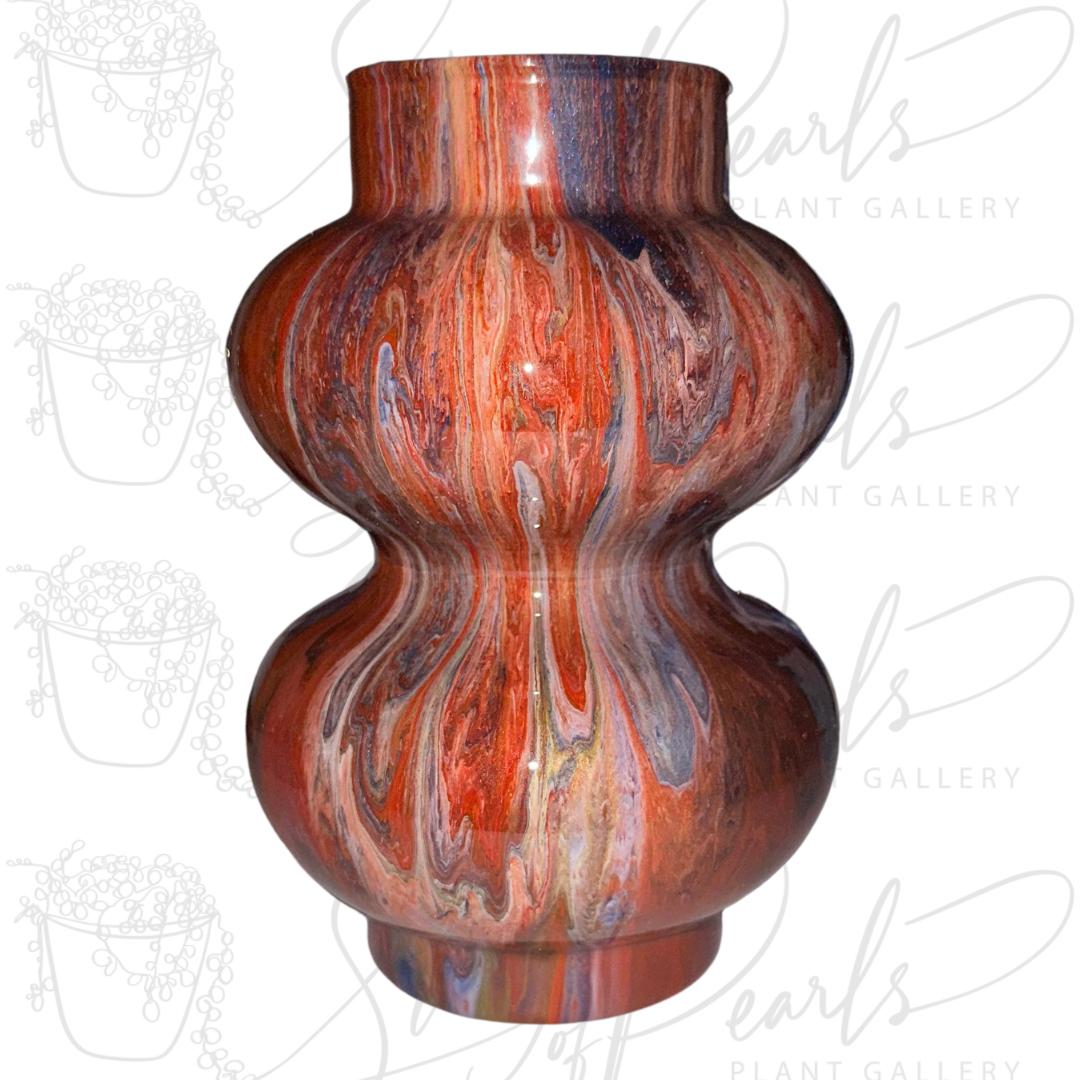 7 inch painted glass bubble vase - vase painted in reds, oranges, blues and white