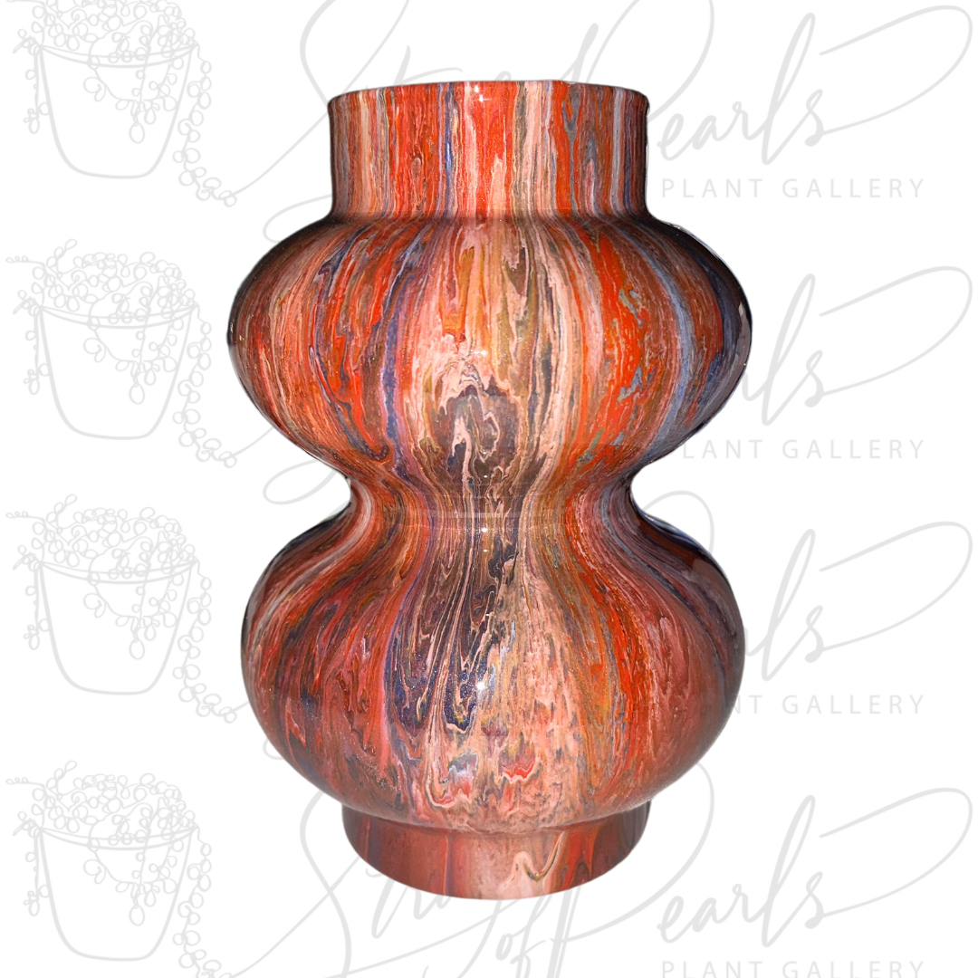 7 inch painted glass bubble vase - vase painted in reds, oranges, blues and white