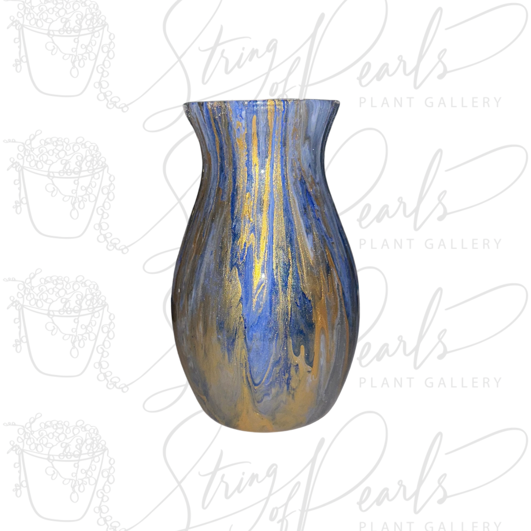 painted blue gold and white 7 inch glass vase