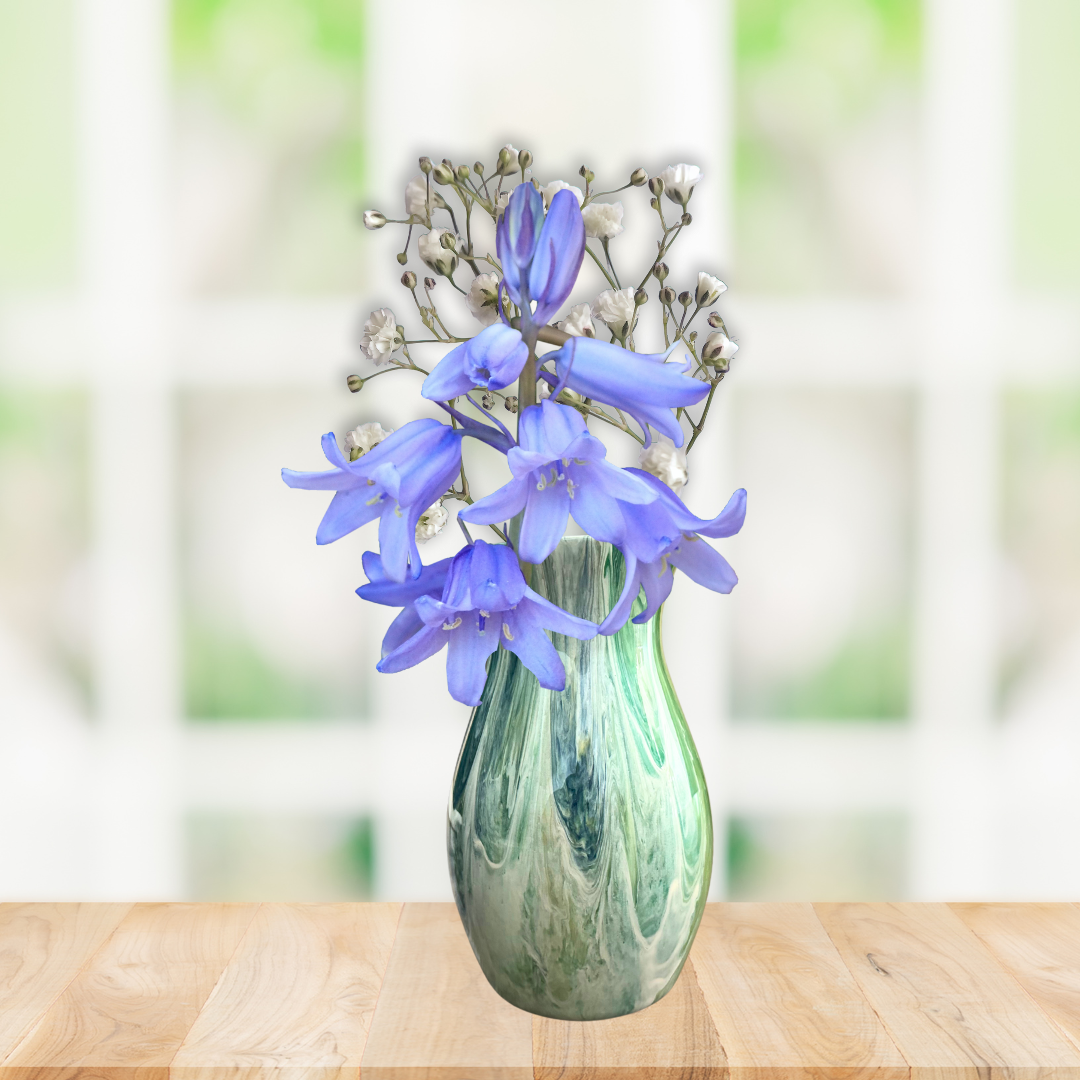 7 inch glass vase - blue white and green painted vase - decorative vase