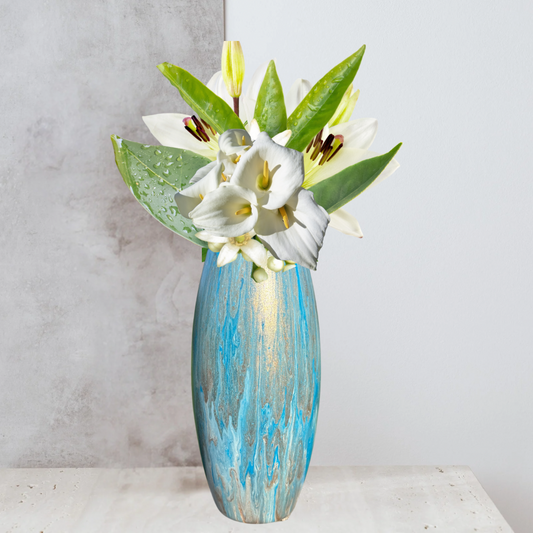 10 inch glass vase - decorative vase - blue gold and white painted vase