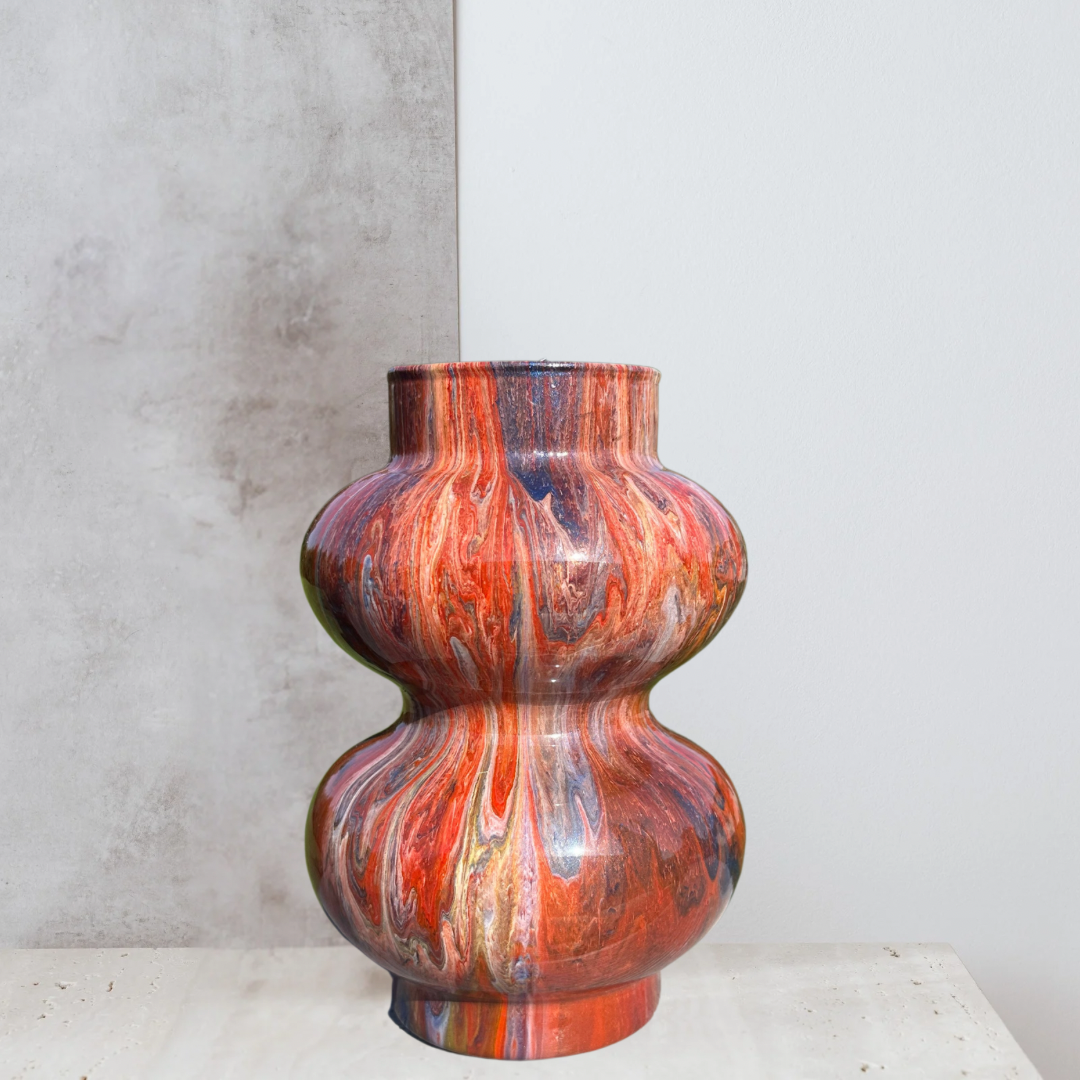 7 inch painted glass bubble vase - vase painted in reds, oranges, blues and white