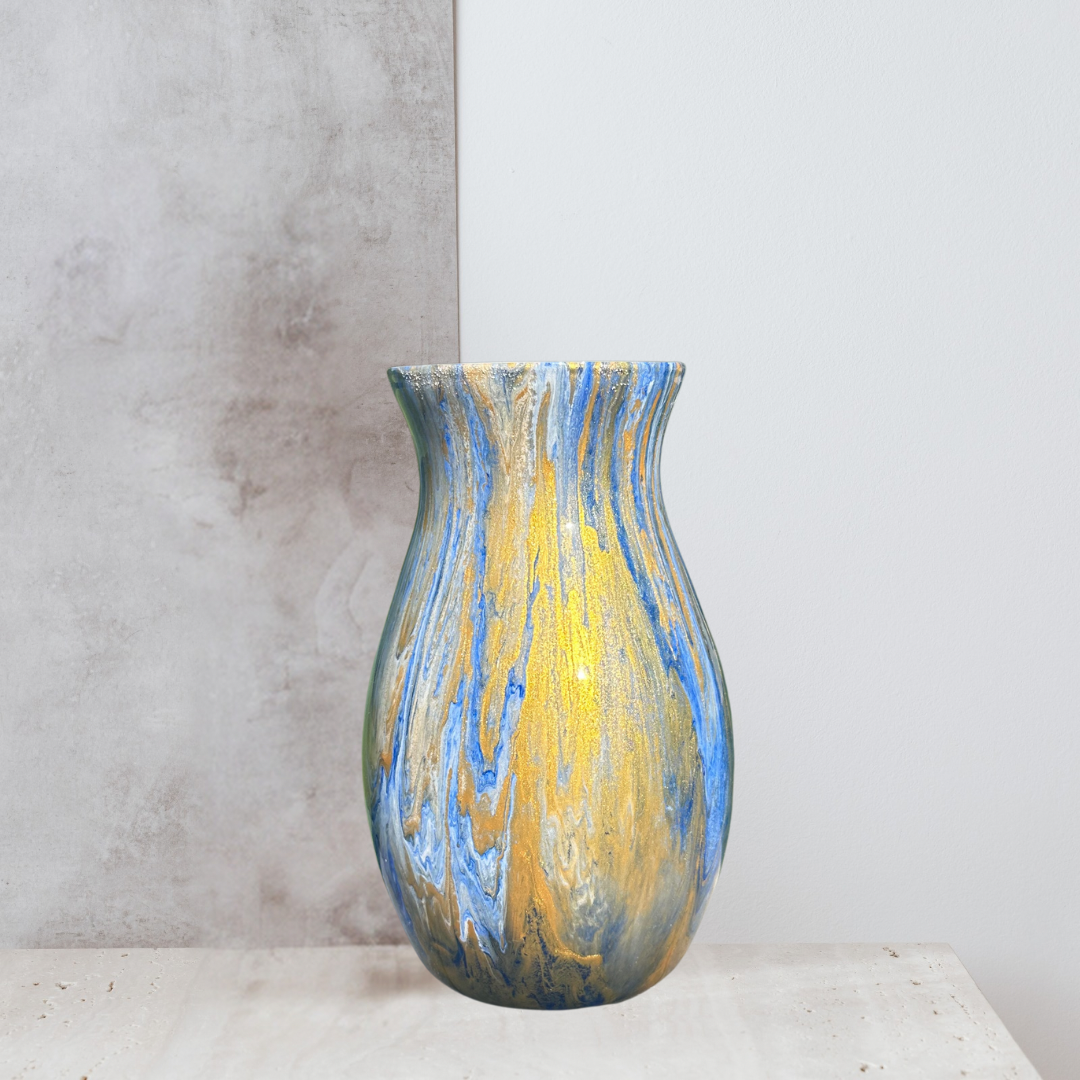 painted blue gold and white 7 inch glass vase