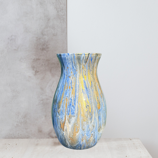 painted blue gold and white 7 inch glass vase