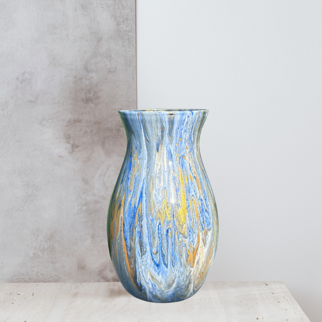 painted blue gold and white 7 inch glass vase