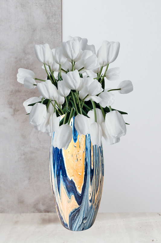 10 inch glass vase - blue gold and white painted vase - decorative vase