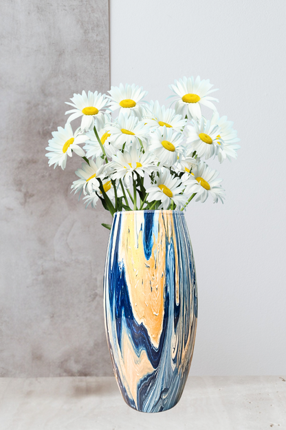 10 inch glass vase - blue gold and white painted vase - decorative vase