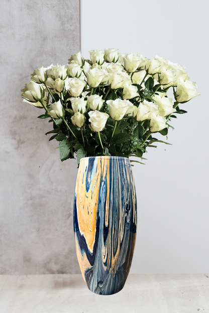 10 inch glass vase - blue gold and white painted vase - decorative vase