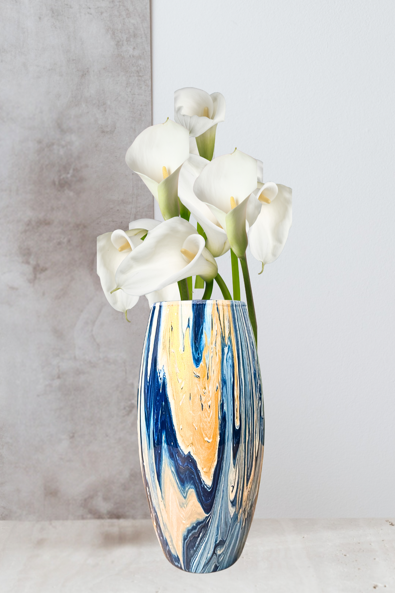 10 inch glass vase - blue gold and white painted vase - decorative vase