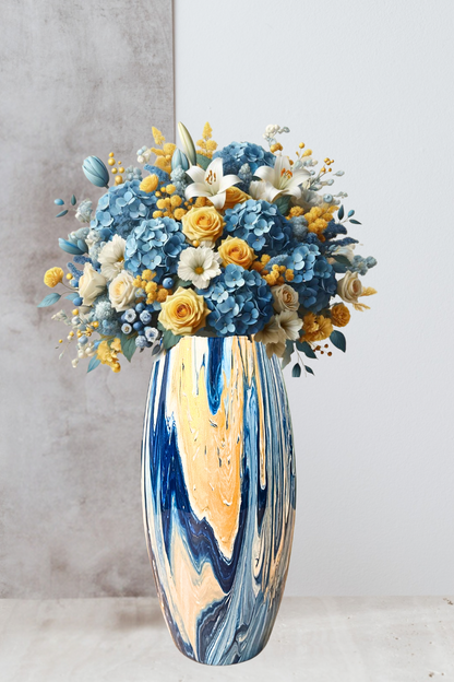 10 inch glass vase - blue gold and white painted vase - decorative vase