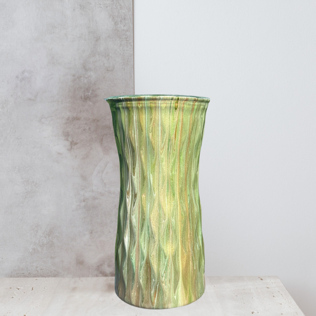 9.5 inch wavy glass vase - green gold and white painted vase - decorative vase