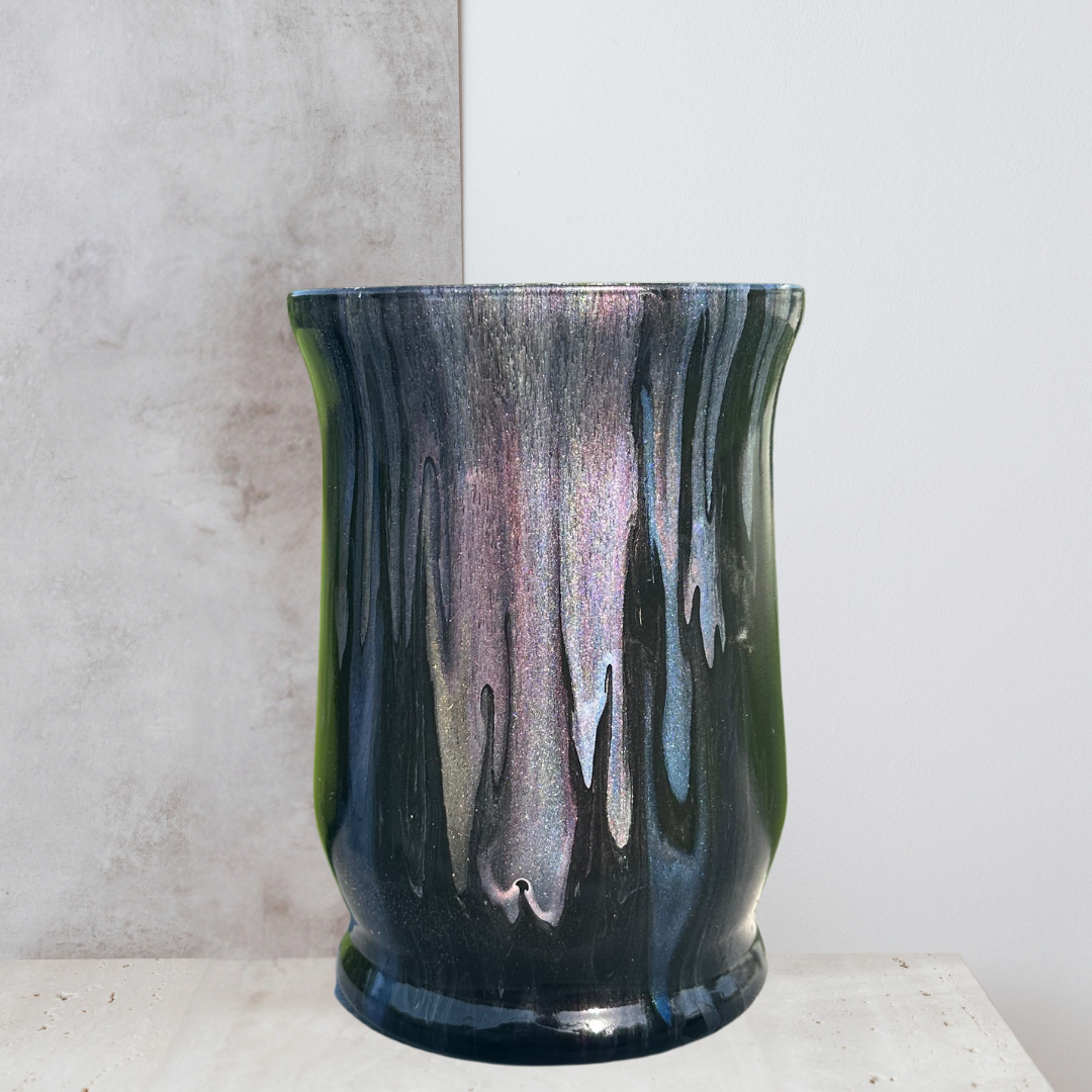 8 inch glass vase - black blue purple green pearlized  painted vase - decorative vase