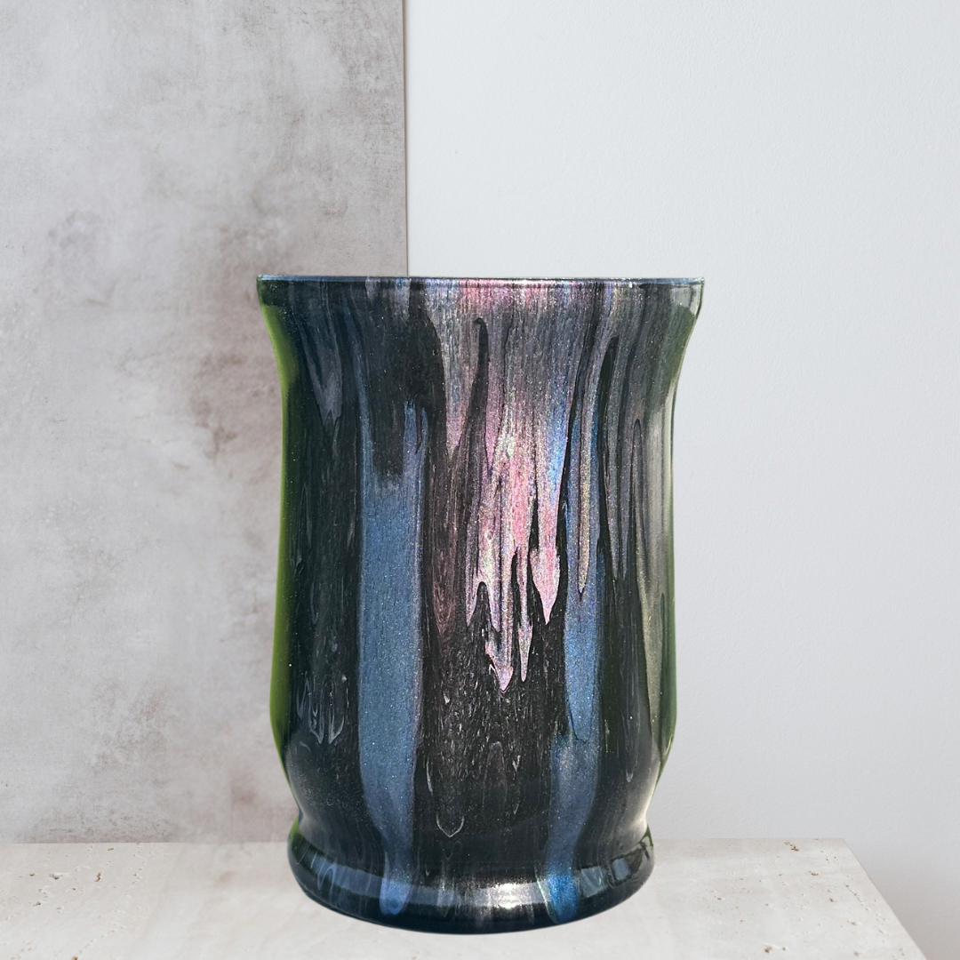 8 inch glass vase - black blue purple green pearlized  painted vase - decorative vase