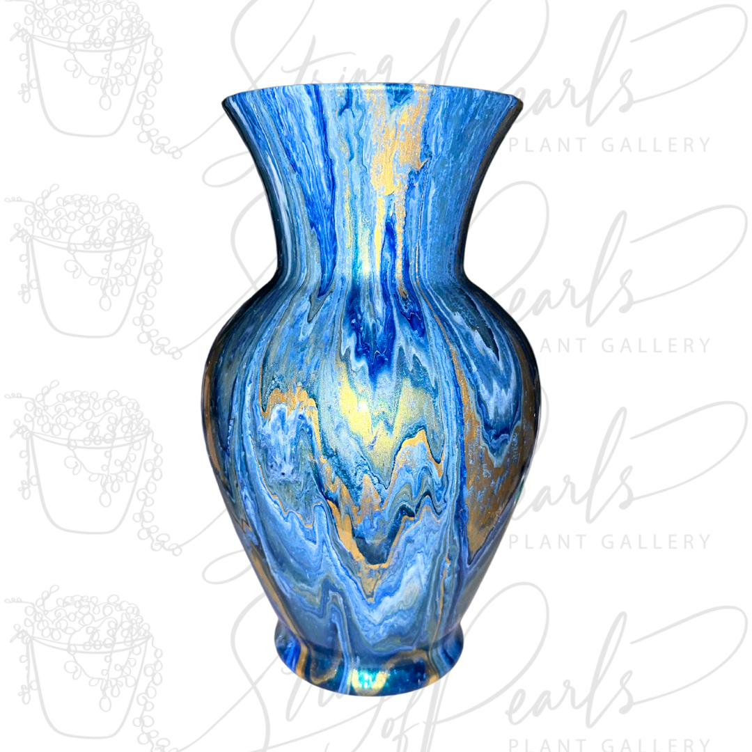 Luminous Blue & Gold Hand-Painted 10.5 Inch Glass Vase