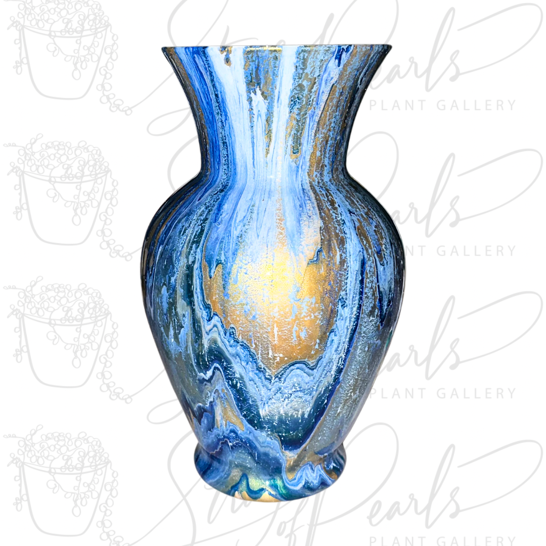 Luminous Blue & Gold Hand-Painted 10.5 Inch Glass Vase