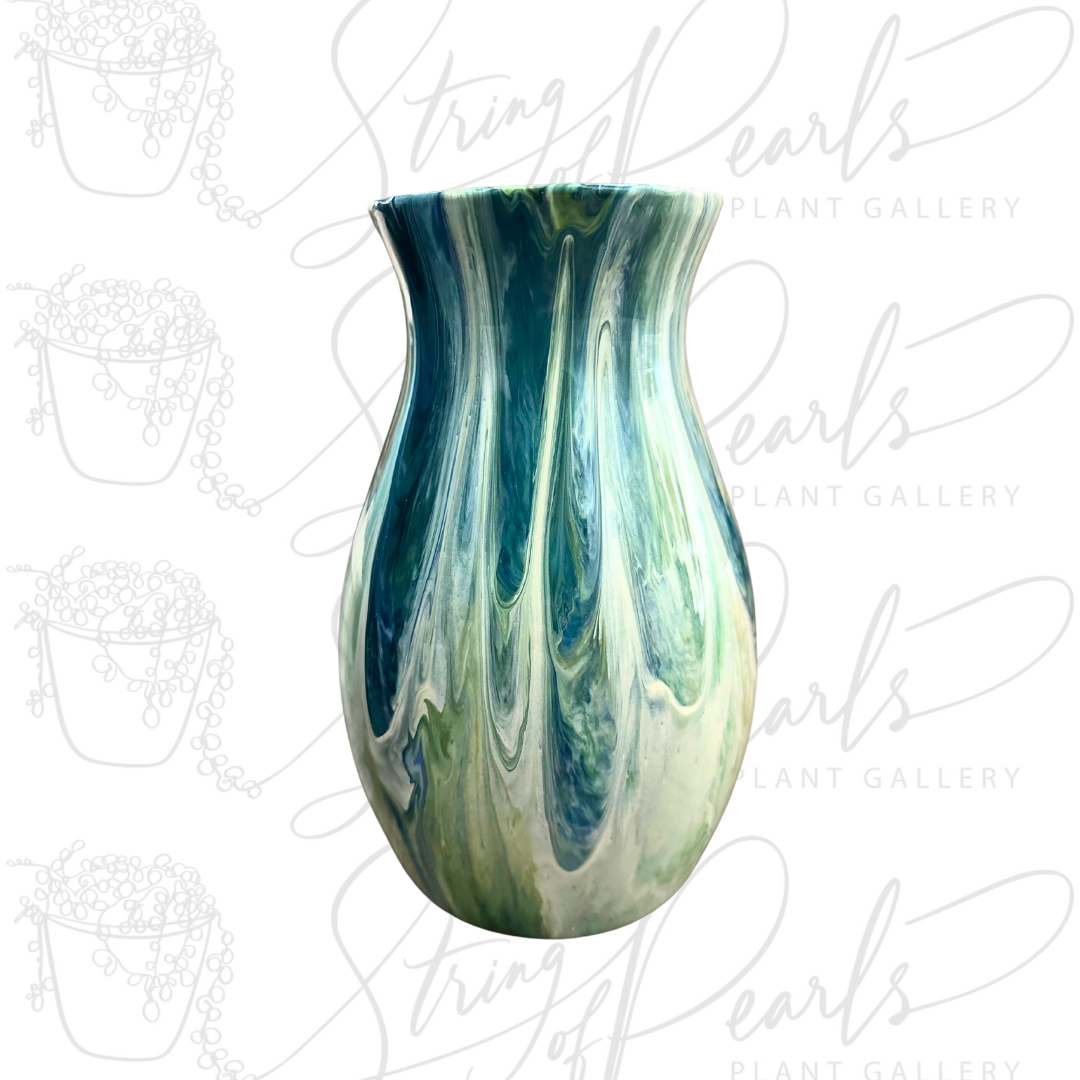 7 inch glass vase - blue white and green painted vase - decorative vase