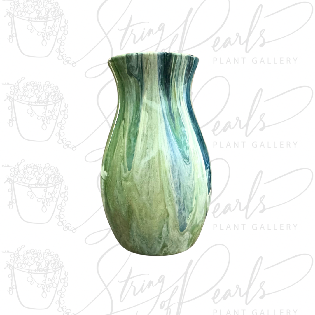 7 inch glass vase - blue white and green painted vase - decorative vase