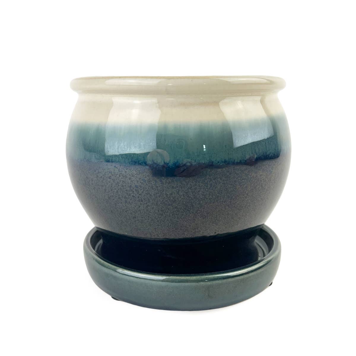6" Dark Blue Ceramic Pot with Cream Rim & Attached Saucer