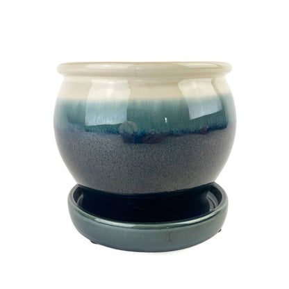 6" Dark Blue Ceramic Pot with Cream Rim & Attached Saucer